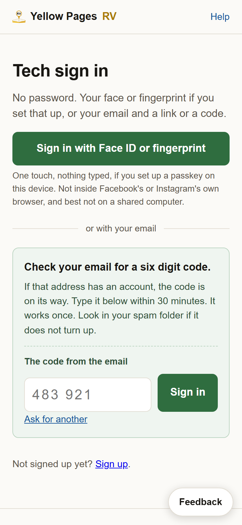 The sign in page after asking for a code: a box for the six digits and a Sign in button.