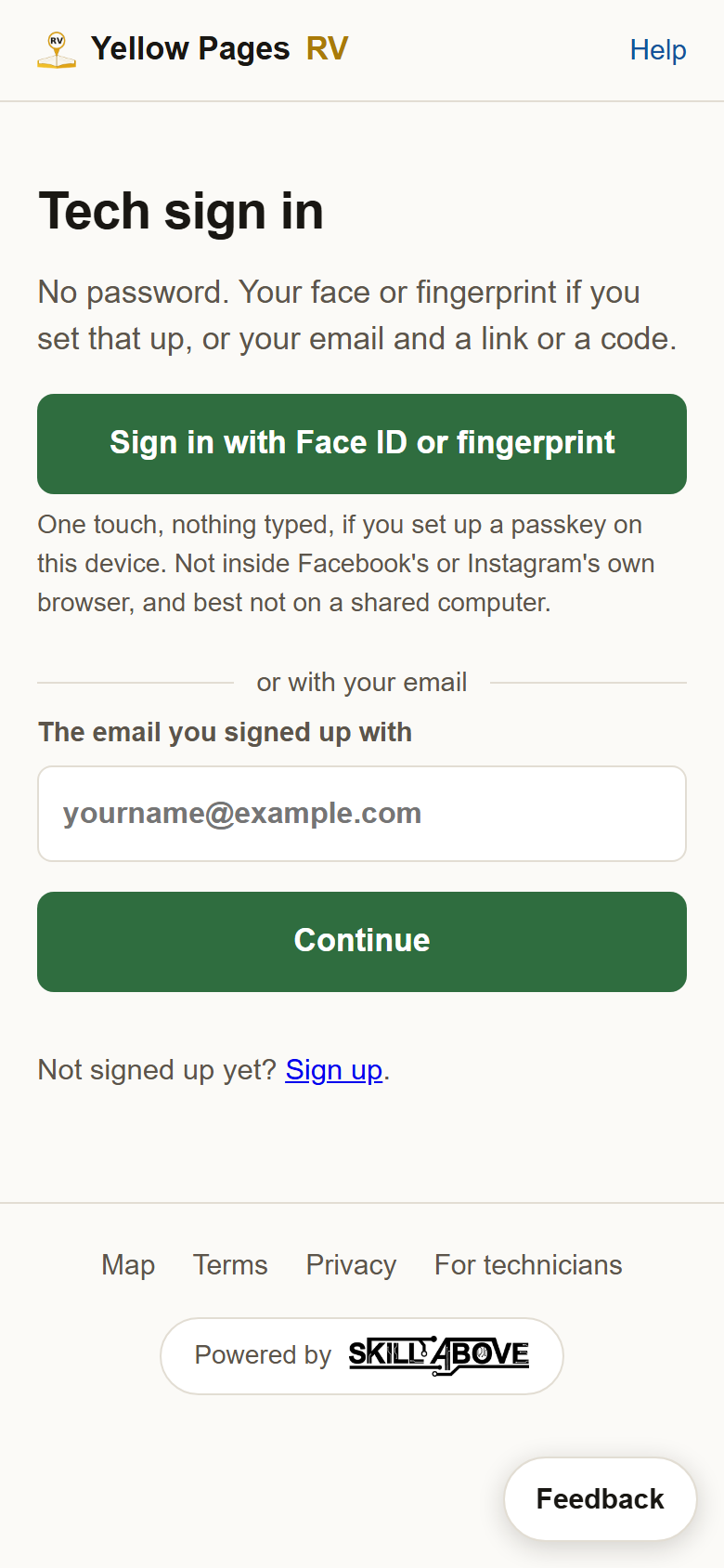 The sign in page. A green button reads Sign in with Face ID or fingerprint, and below it the email box.