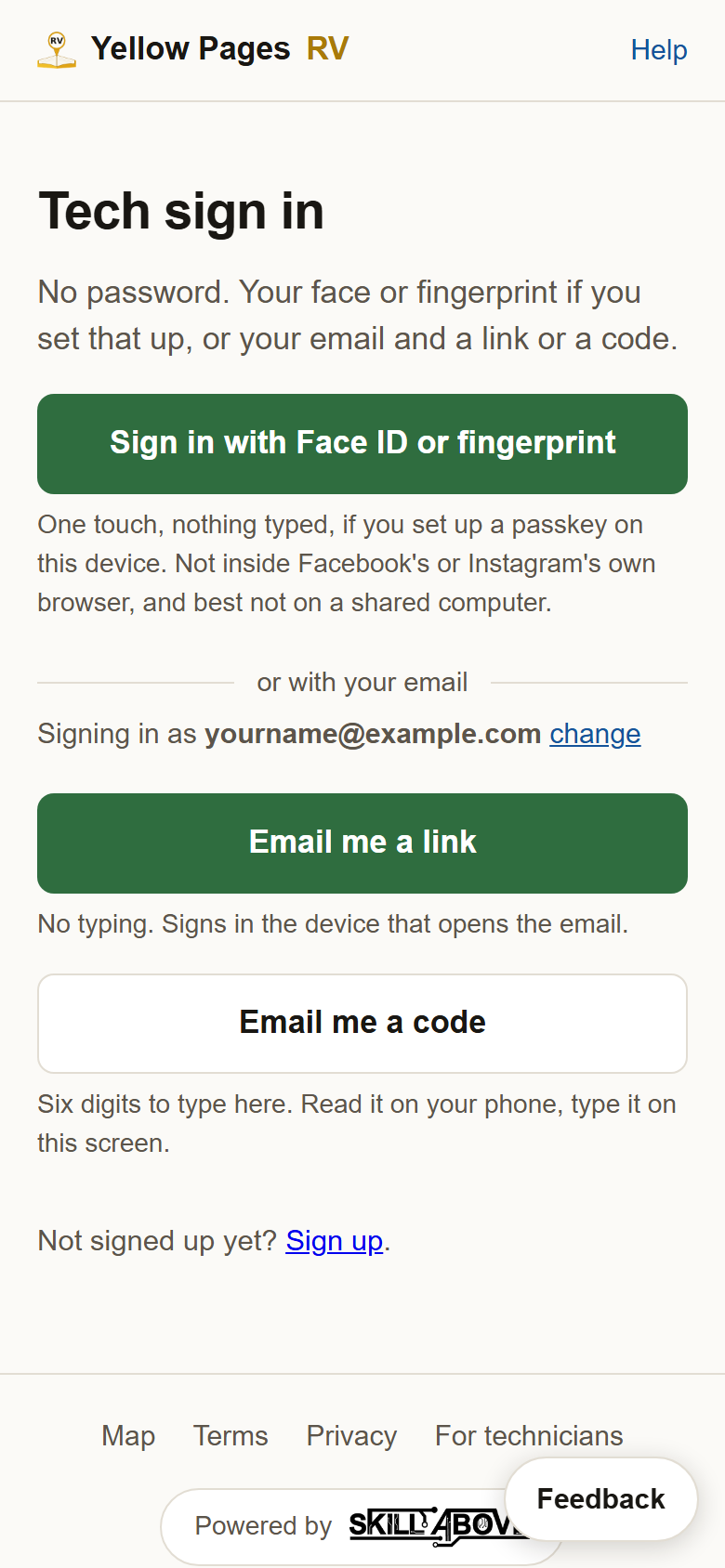 Two buttons: Email me a link, and Email me a code.