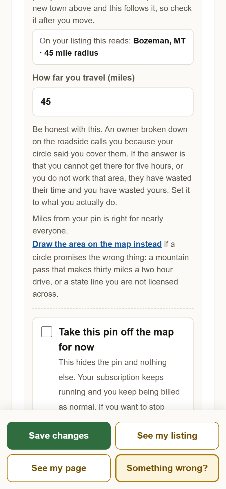 The box reading How far you travel (miles) showing 45, and under it the link Draw the area on the map instead.