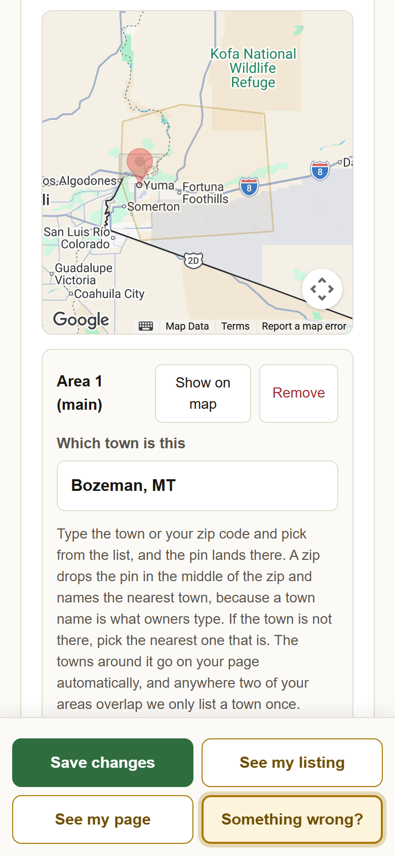 The service area map showing a drawn boundary around Yuma that follows the Arizona side of the state line instead of a circle.