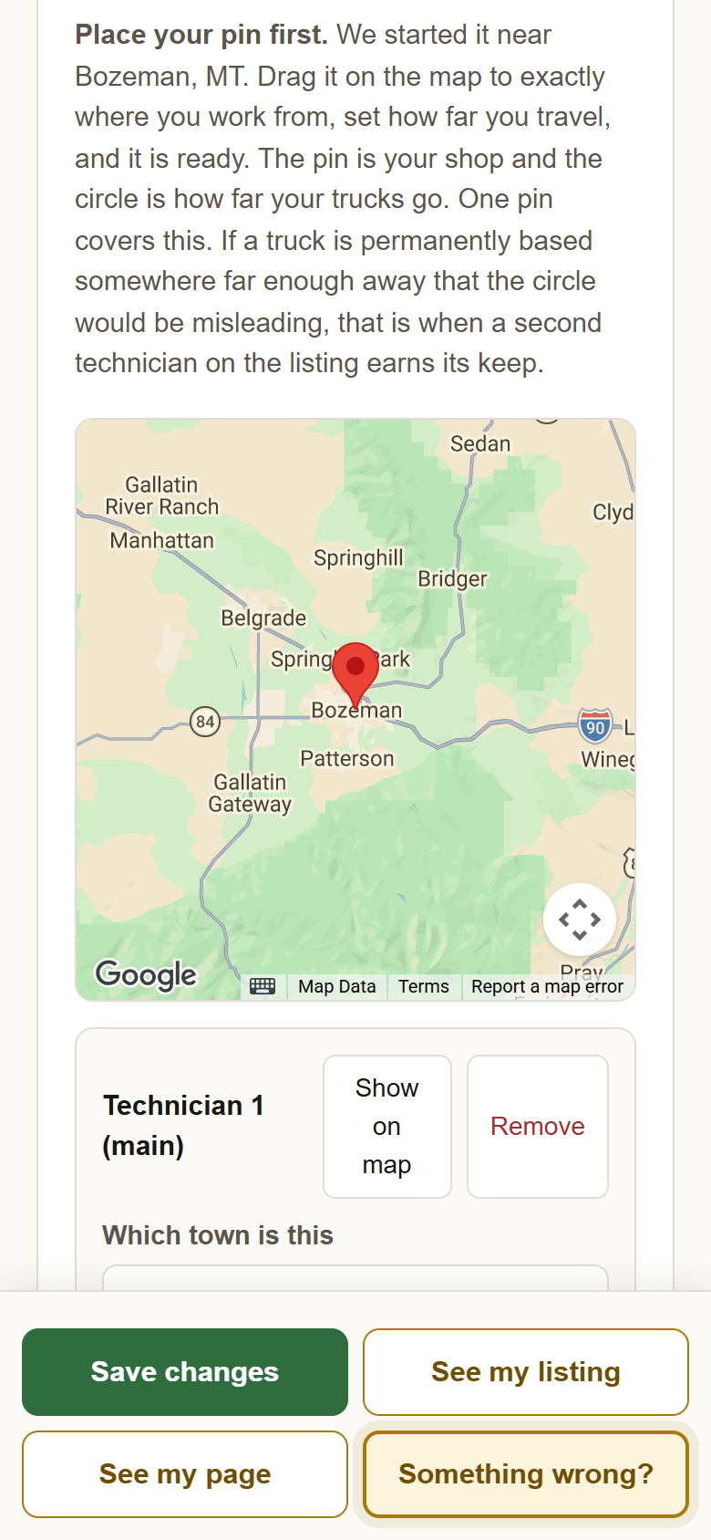 The Areas you cover card: a note reading Place your pin first, We started it near Bozeman MT, a map with a red pin on Bozeman, and the Which town is this box.