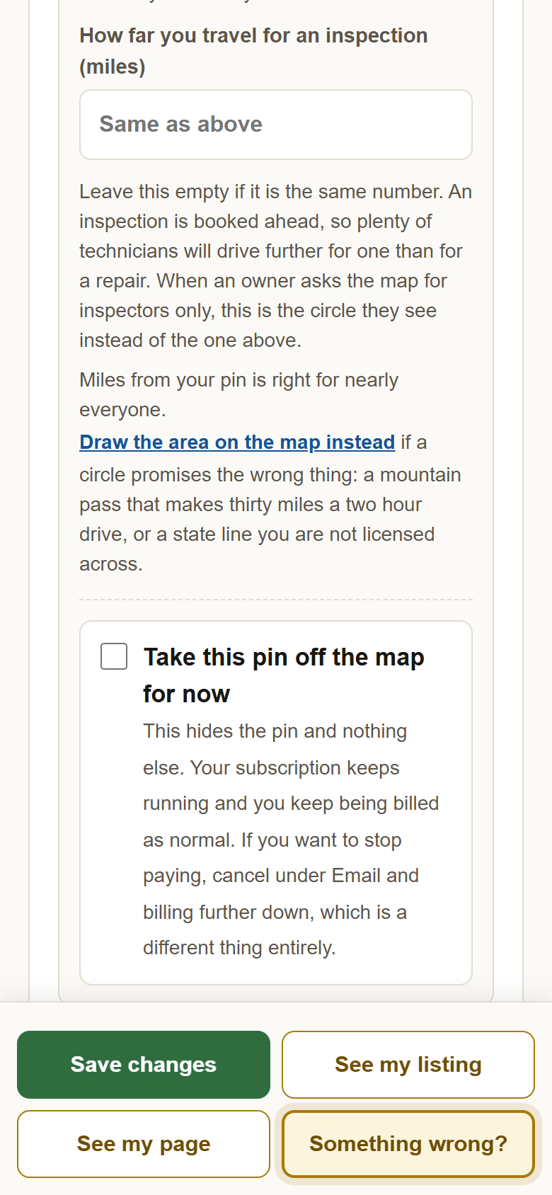 The bottom of a technician's card: the checkbox Take this pin off the map for now, with its note that the subscription keeps running.