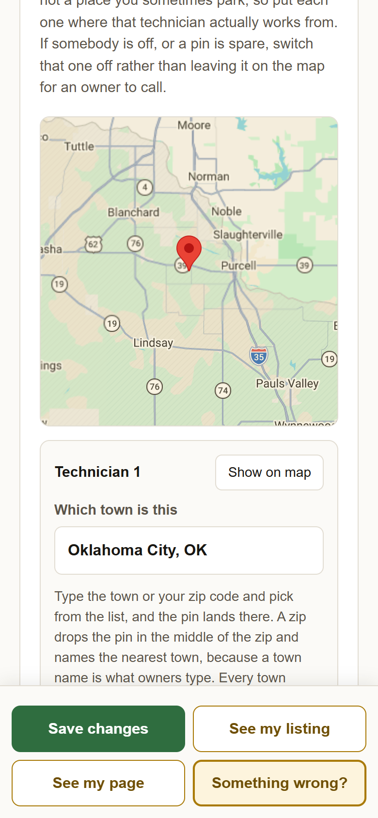 The map with the pin, then Technician 1 with the box Which town is this.
