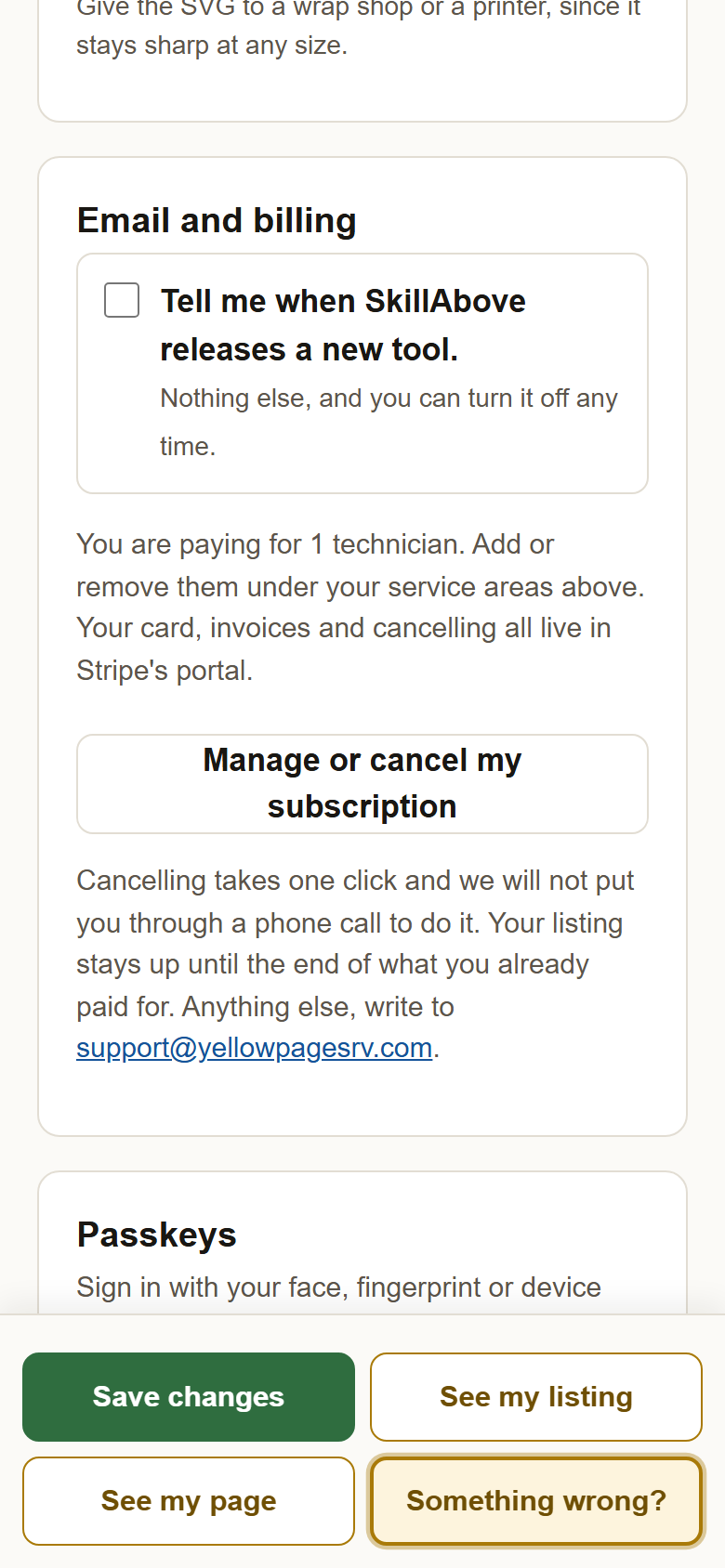 The Email and billing card: what you are paying for, the button Manage or cancel my subscription, and the note that cancelling takes one click.