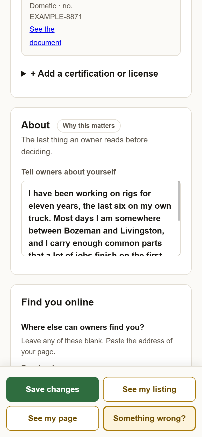 The box labelled Tell owners about yourself, with a few sentences typed in it.