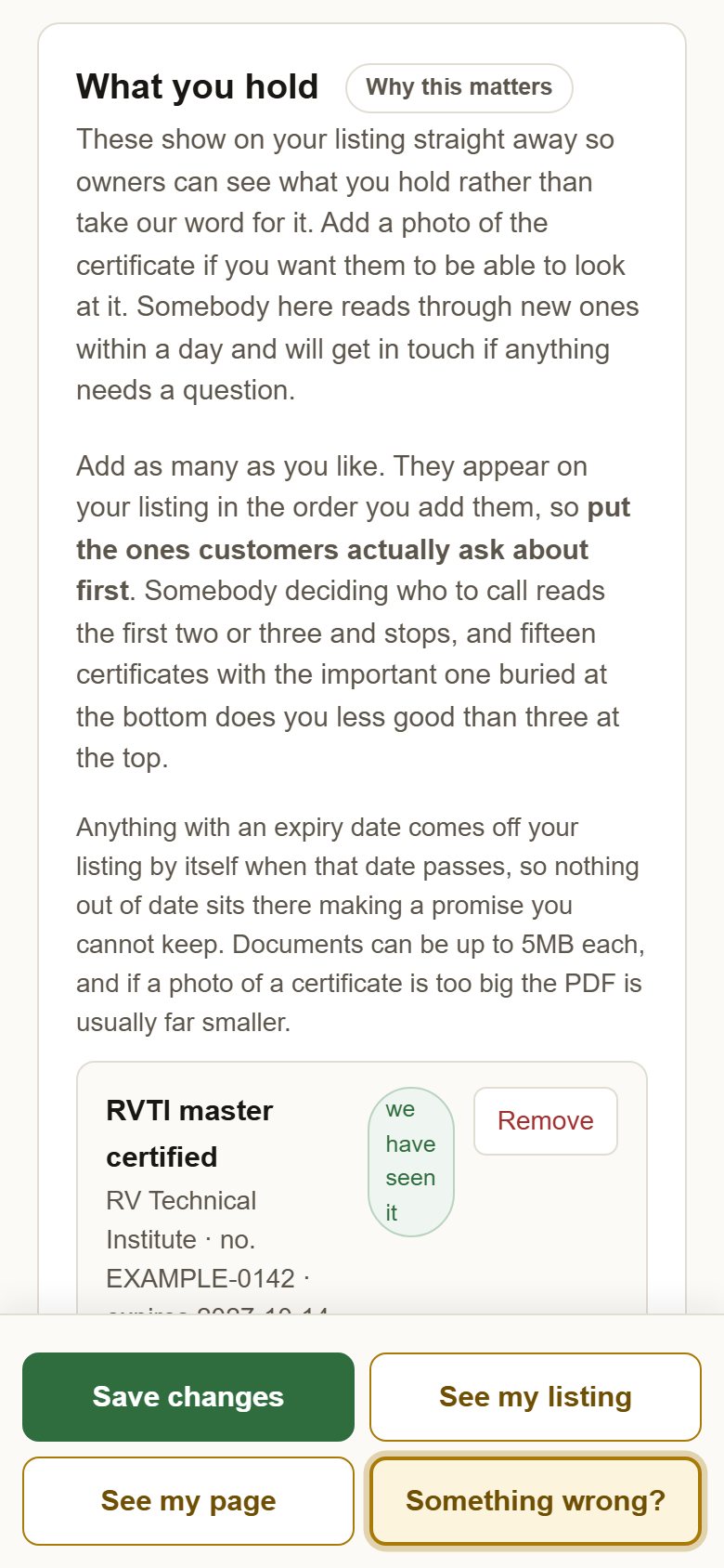 The What you hold section, for adding certifications and uploading documents.