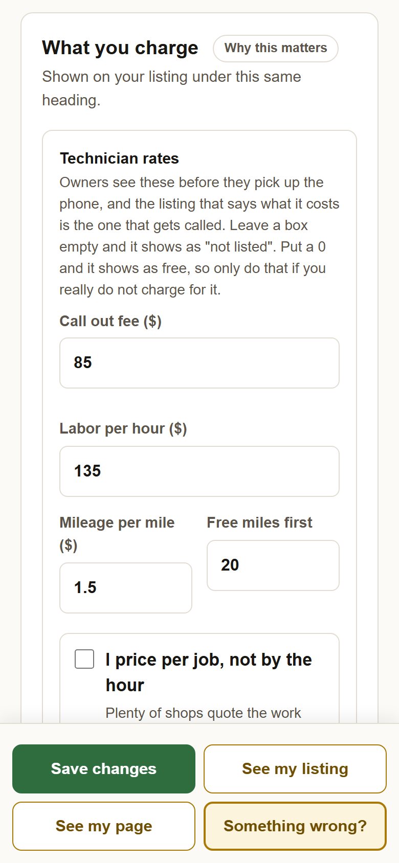 The What you charge section, with boxes for call out fee, labour per hour, mileage and free miles.