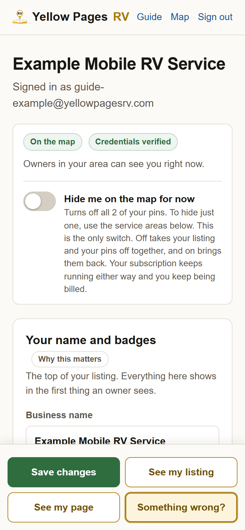 The top of your profile with the switch off, a green pill reading On the map, and the Save changes button at the bottom.