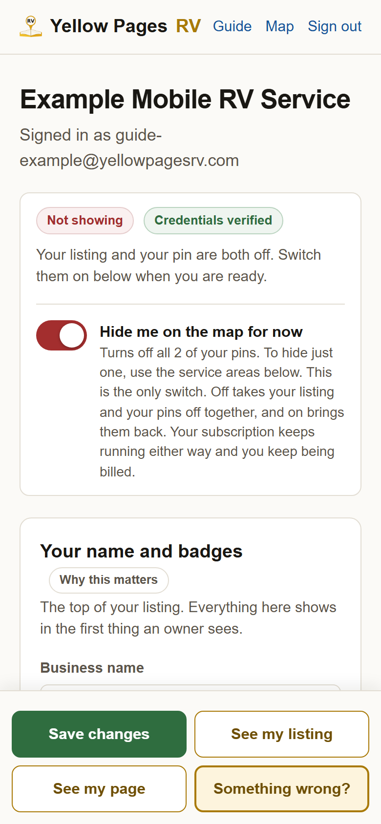 The top of your profile: the business name, a Not showing pill, and the switch labelled Hide me on the map for now.