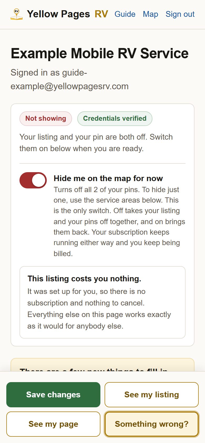 The top of the profile, showing the business name, a status pill and the hide switch.