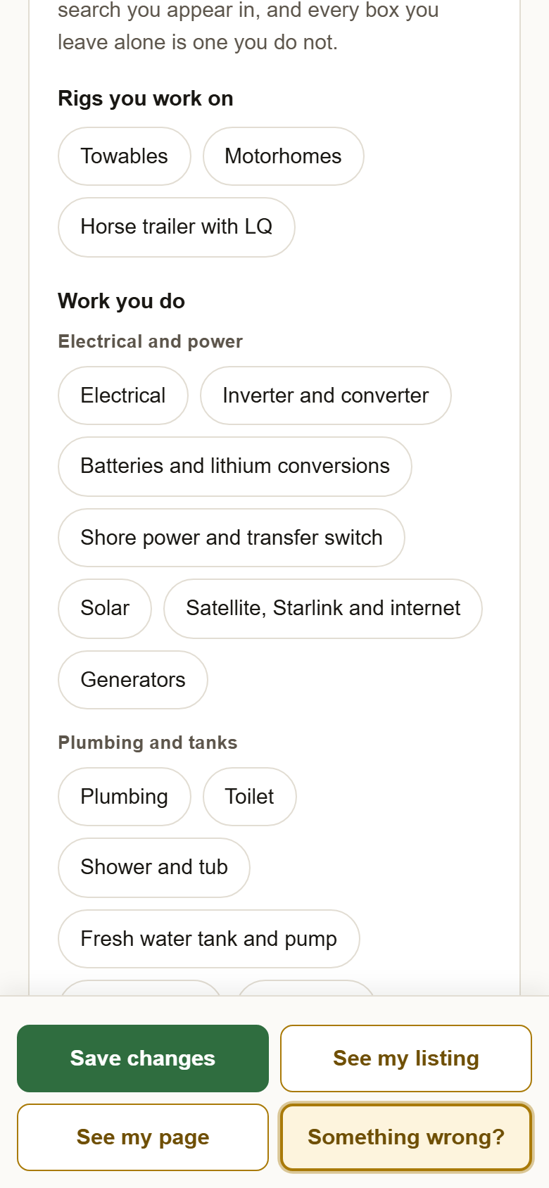 Rigs you work on: Towables, Motorhomes, Horse trailer with LQ. Then Work you do, starting with Electrical and power.