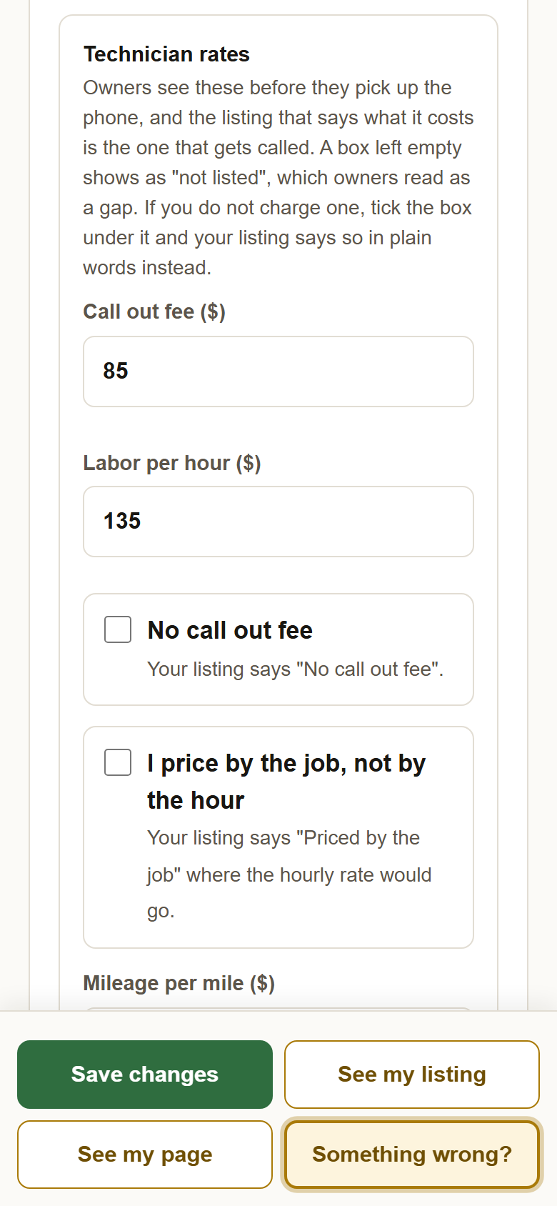 The Technician rates section: Call out fee and Labor per hour boxes, and under them the ticks No call out fee and I price by the job, not by the hour.