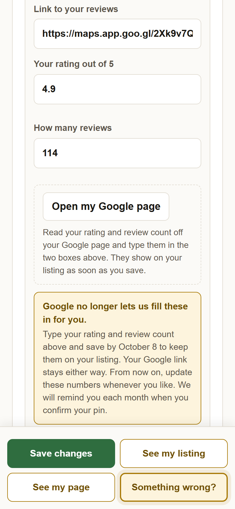 A Google review card with the amber line: Google no longer lets us fill these in for you. Type your rating and review count above and save by October 8.