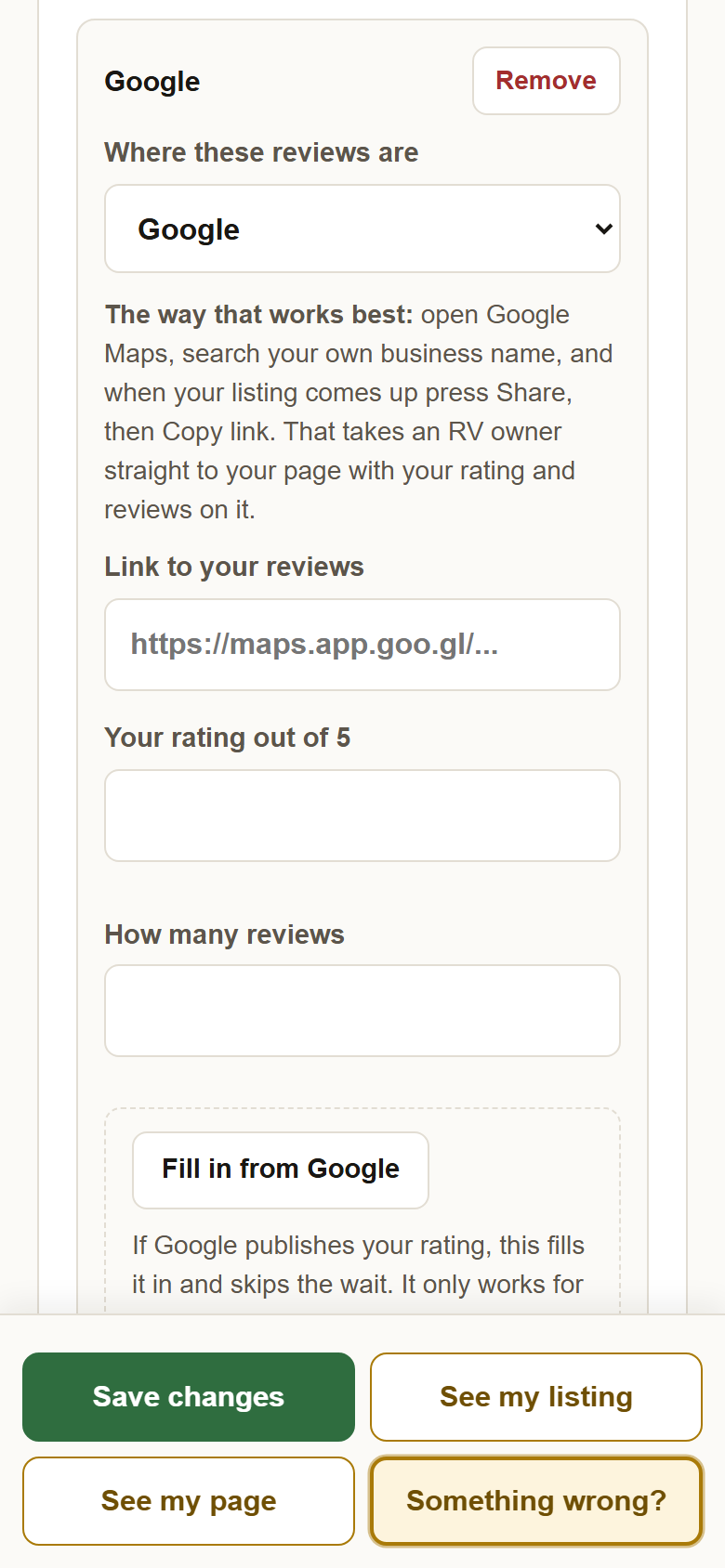 The review card: a dropdown reading Google, the link box, the rating and review count boxes, and the Fill in from Google button.