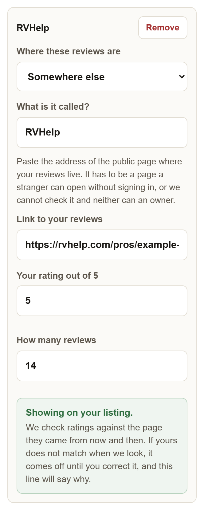 A review page card with Somewhere else chosen in the dropdown and a What is it called box reading RVHelp, above the link, rating and review count.