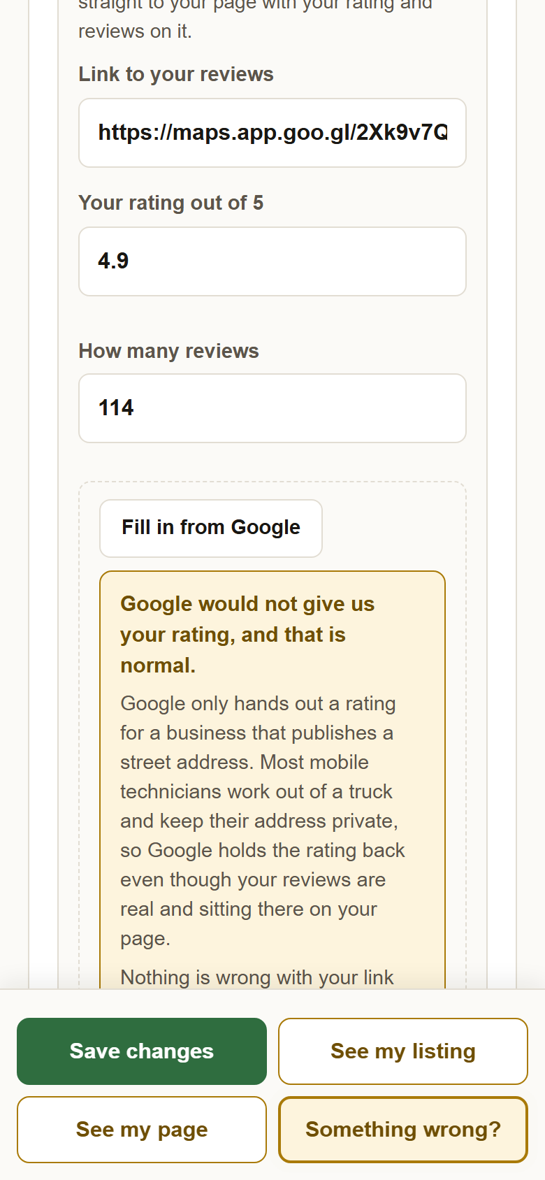 The review card filled in: a Google Maps link, 4.9 out of 5, 114 reviews, and the message from Fill in from Google.