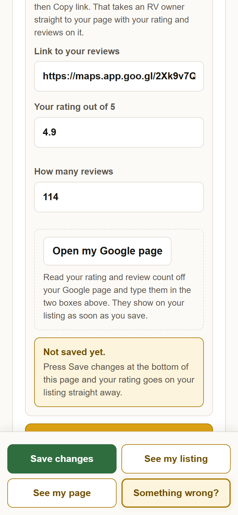 The review card: the link, 4.9 out of 5, 114 reviews, and the Open my Google page button.
