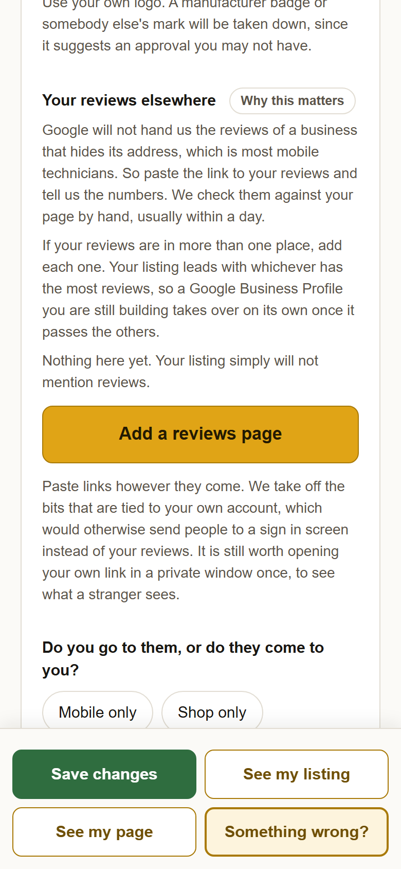 The section headed Your reviews elsewhere, with the Add a reviews page button.