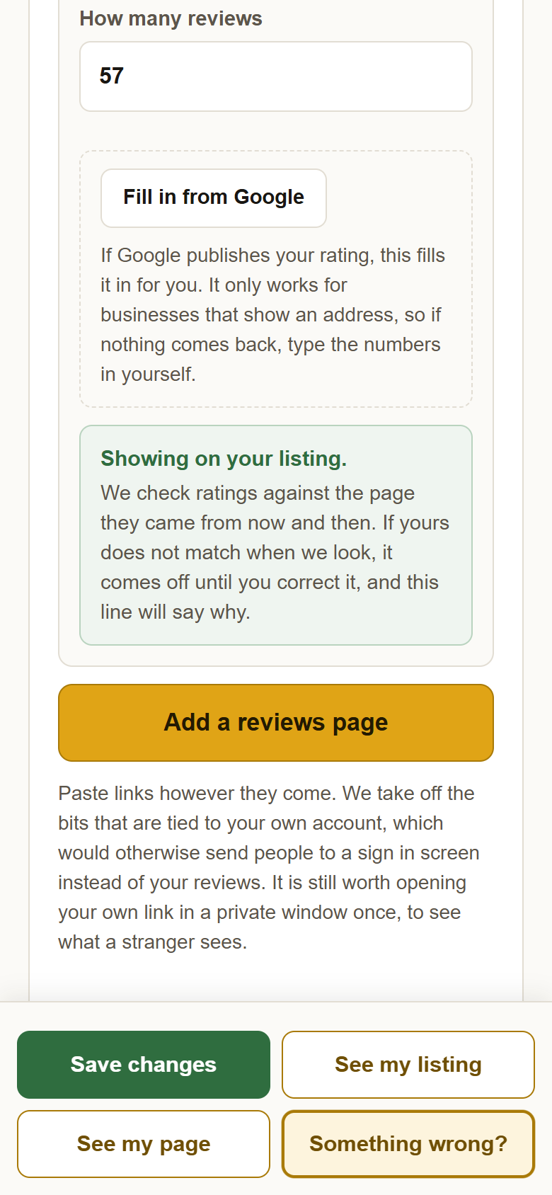 The status line reading Showing on your listing, and the Save changes button at the bottom.