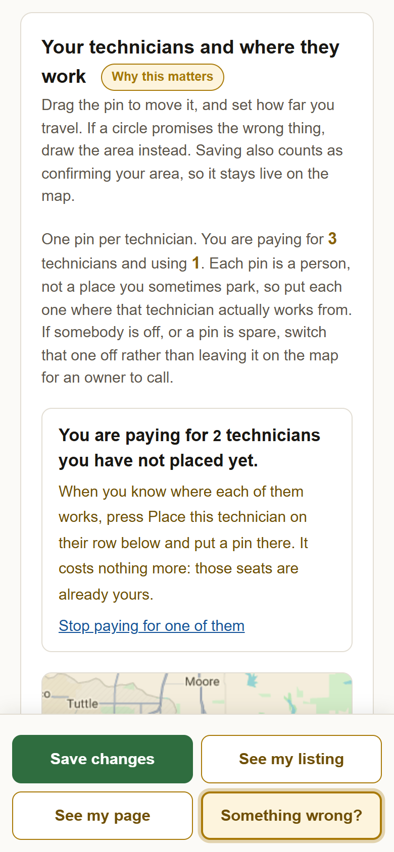 The card headed Your technicians and where they work, with the note You are paying for 2 technicians you have not placed yet.