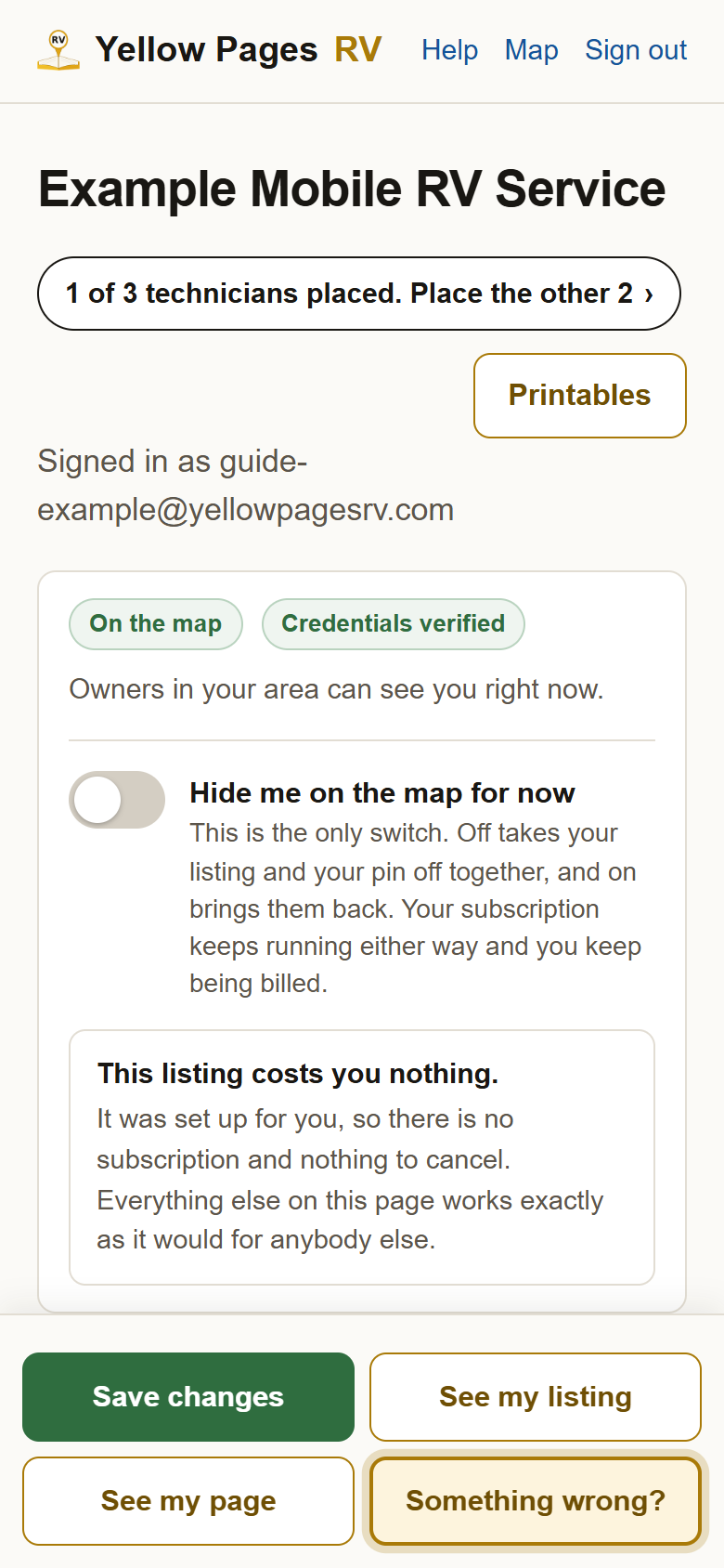 The top of your profile: the business name, and under it a button reading 1 of 3 technicians placed. Place the other 2.