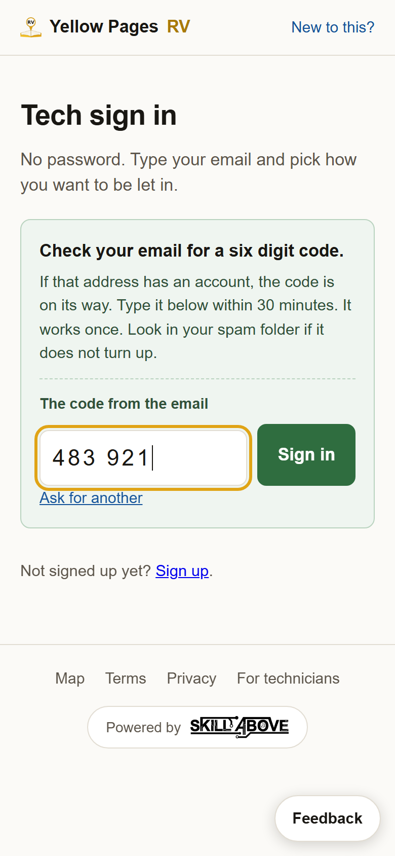 The sign in page after asking for a code: a box for the six digits and a Sign in button.
