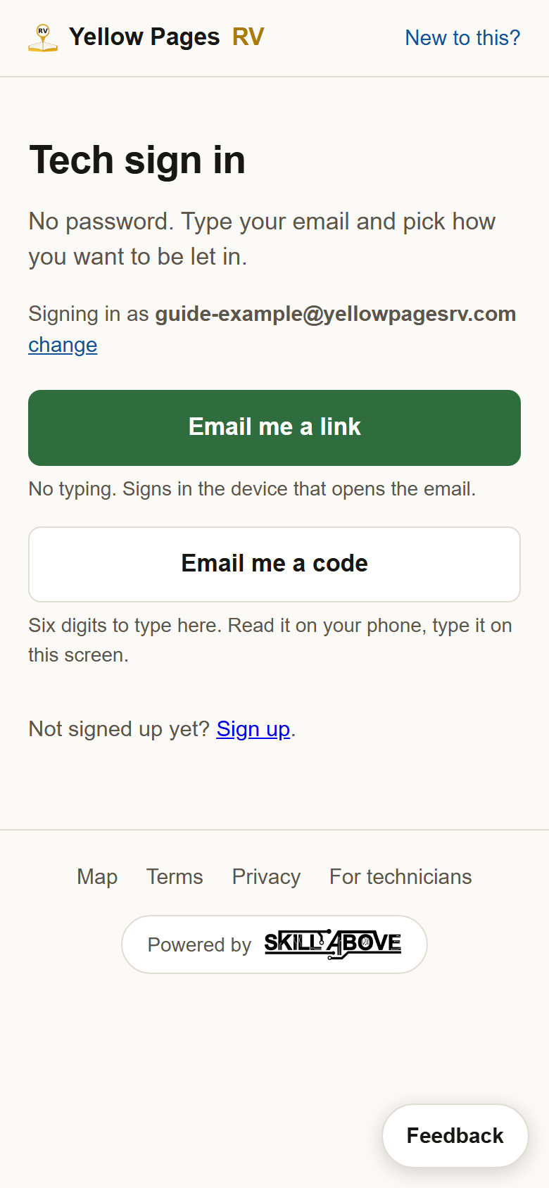 Two buttons: Email me a link, and Email me a code.