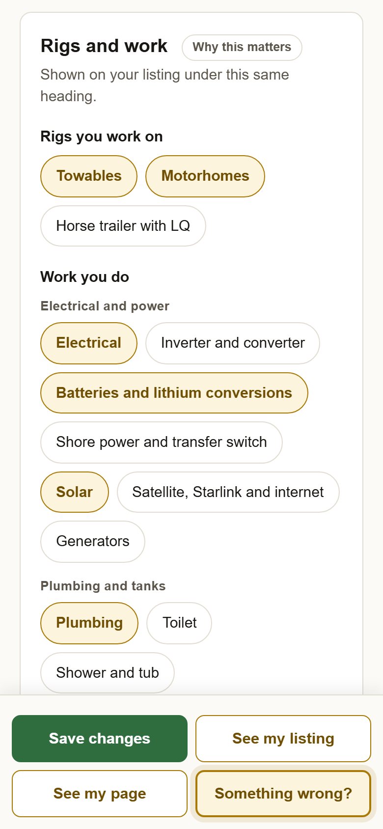 The Rigs and work section, with rig types and a list of work types to tick.