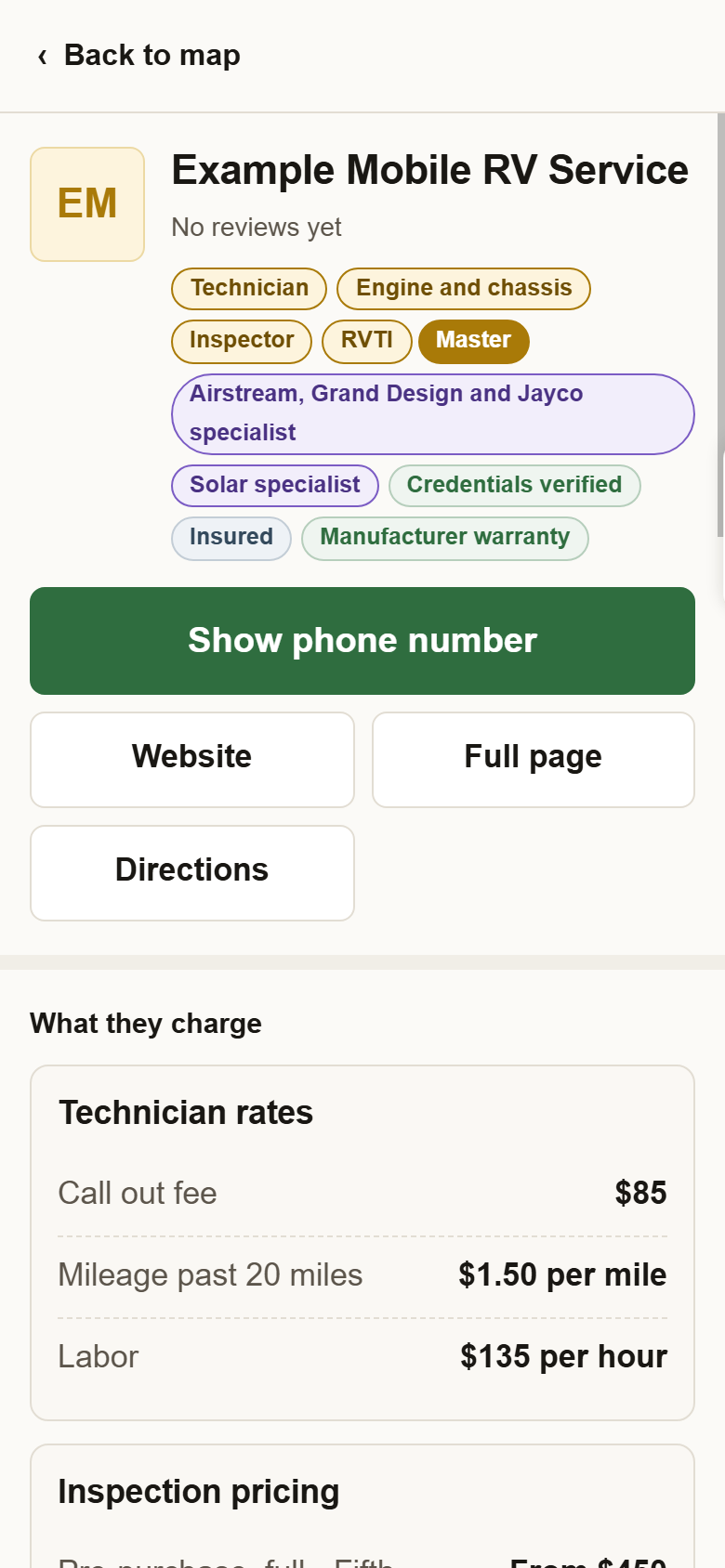 The top of a listing on the map, with a purple Solar specialist badge among the other badges.