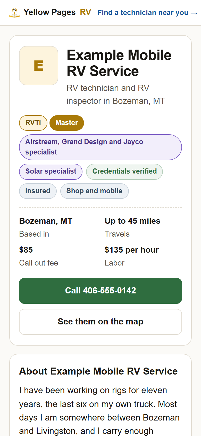 The top of a technician's page, with the Solar specialist badge under the name.