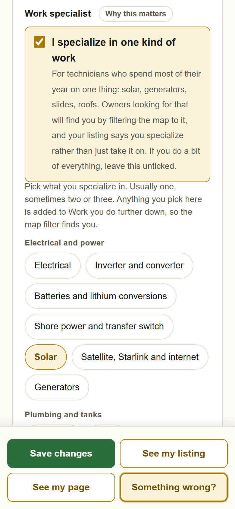 The Work specialist box on the profile, ticked, with Solar picked from the list under it.